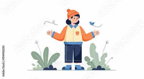 Cheerful person in winter attire, with a bird flying nearby, surrounded by plants