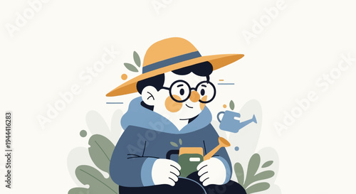 Cheerful person in a hat tending to plants with a watering can, surrounded by foliage