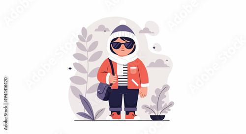 Cute cartoon figure in winter attire with sunglasses and a shoulder bag, surrounded by stylized foliage
