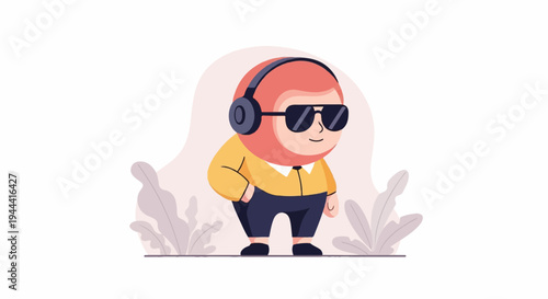 A plump cartoon character wearing headphones and sunglasses, with one hand in its pocket