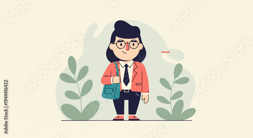 A person wearing glasses and a suit carrying a bag, set against a soft background with plants