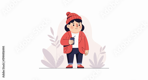 Character in a red hat and jacket holding a cup, with plants