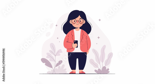 Flat design illustration of a young woman wearing glasses, holding a phone