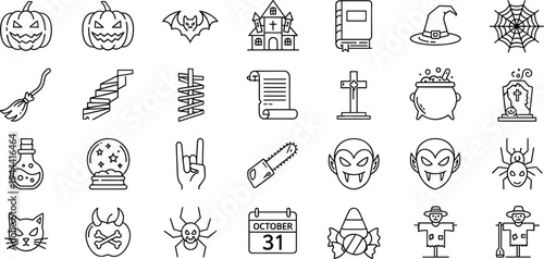 Halloween spooky line icons, horror symbols collection, witch vampire pumpkin elements, minimal outline vector set, scary holiday illustration pack