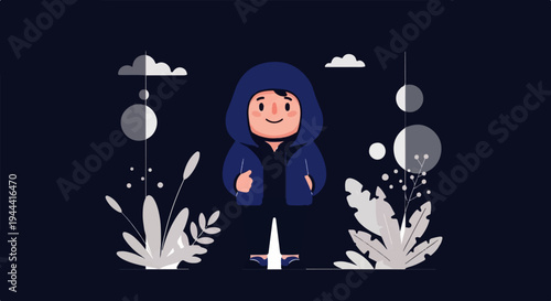 A cartoon figure wearing a hooded jacket stands in a minimalist landscape with abstract plants and clouds