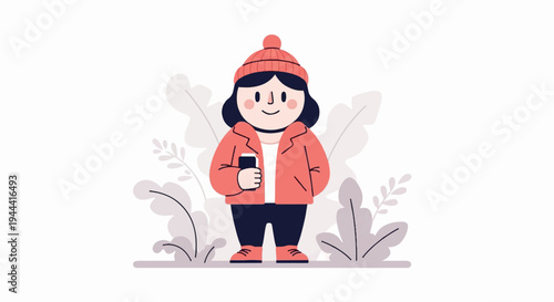 Cartoon character in orange winter attire holding a phone amidst stylized foliage