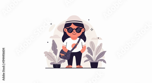 A person in a hat and sunglasses, carrying a bag, with plants around them