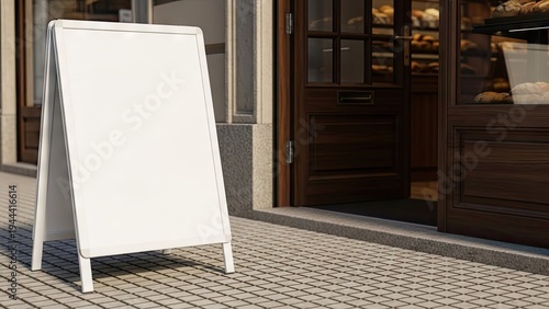 Blank a frame sign stands outside store entrance for advertisement display