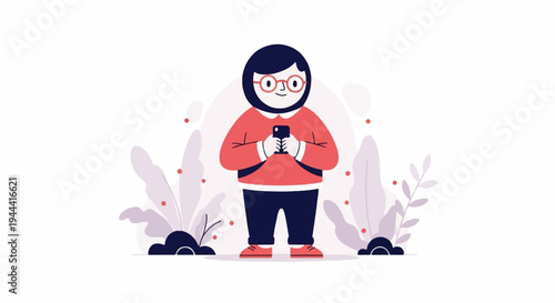 A cheerful person in red shirt and glasses uses a smartphone amidst abstract plants