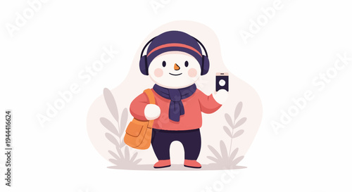 A cartoon snowman with headphones, scarf, and bag, holding a phone