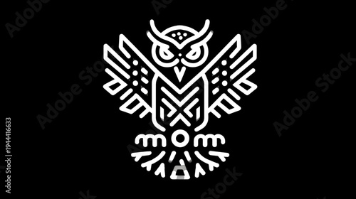 A white line art illustration of an owl with its wings spread on a black background