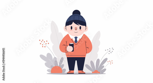 Cartoon figure in orange sweater and beanie holding a dark cup