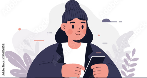 Flat illustration of a person with a beanie, holding a tablet, surrounded by abstract shapes and leaves