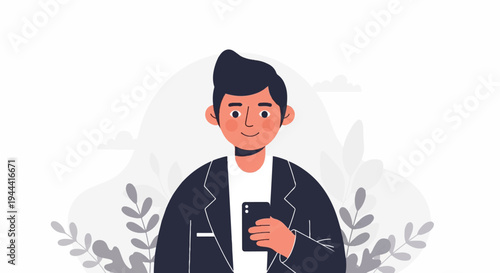 Person in a jacket holding a smartphone, surrounded by abstract plant forms