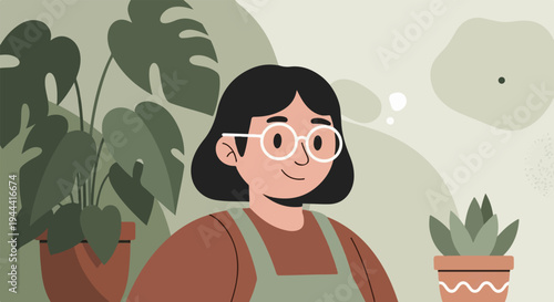 A person with glasses smiles surrounded by various indoor plants in terracotta pots