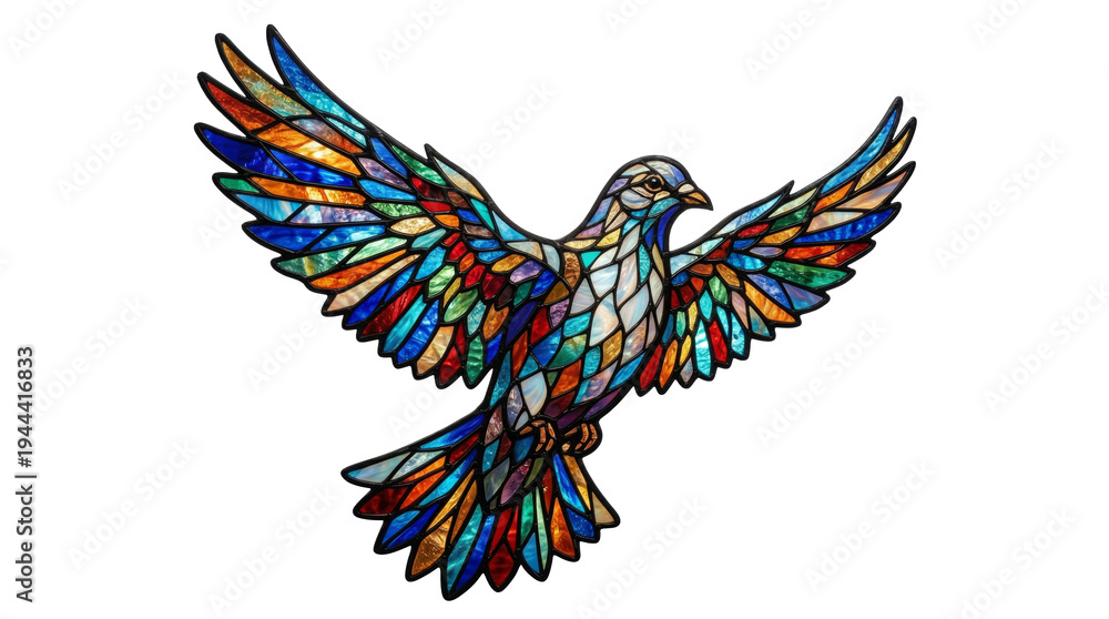 Obraz premium Vibrant stained glass dove with wings spread wide in flight isolated on transparent background. Religious graphic element for Palm Sunday worship services and Christian faith holiday designs.