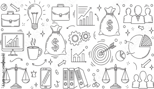 Business finance and office management icons including data analytics marketing strategy and creative project planning elements hand drawn vector illustration doodle art