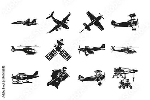 A collection of black silhouette illustrations depicting various aircraft types