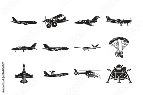 Black silhouette icons depicting various types of aircraft and space vehicles