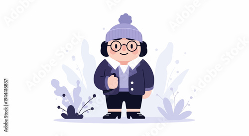 A whimsical character in winter attire stands amidst abstract foliage and floating orbs