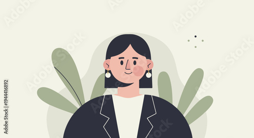 Stylized portrait of a woman with dark hair, wearing a blazer and earrings, with abstract greenery