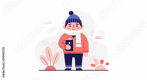 A cheerful child in winter attire holds an open book, surrounded by stylized flora and a playful paw print