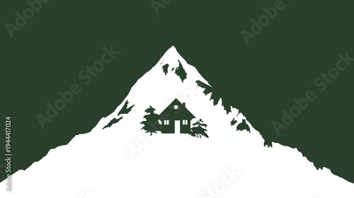 A white silhouette of a house nestled within a snow-capped mountain against a dark green background