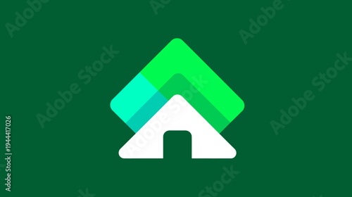 A geometric, minimalist logo. A white house shape over a green diamond, on a green background