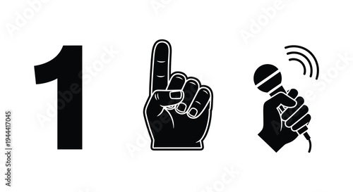A number one symbol a raised hand and a microphone are depicted in a striking black silhouette high quality professional detailed