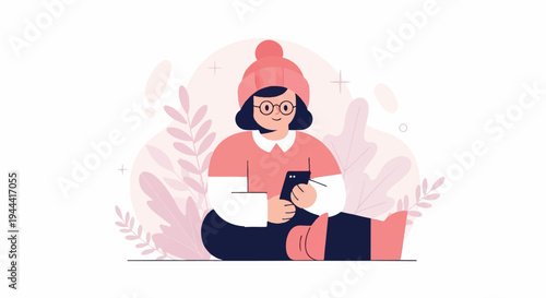 Young person in winter attire using a smartphone amidst abstract foliage