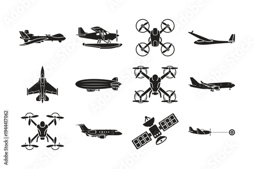Collection of various aerial vehicles and aircraft silhouettes on white