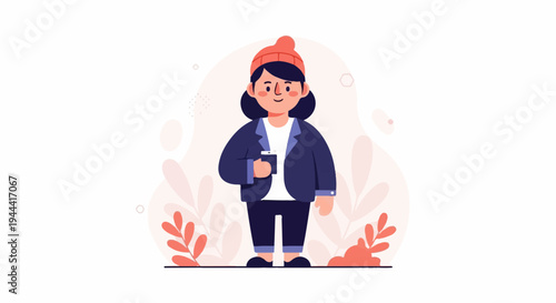 A young person in a cozy outfit holding a drink, with a backdrop of abstract shapes and leaves