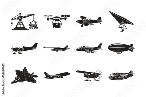 Collection of various aerial vehicles and transportation icons in black