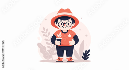 A happy cartoon child in a hat holds a potted plant, surrounded by stylized foliage and sparkles