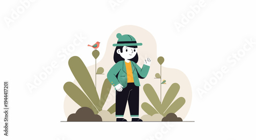 Cheerful character in hat and jacket, waving in a whimsical garden with birds