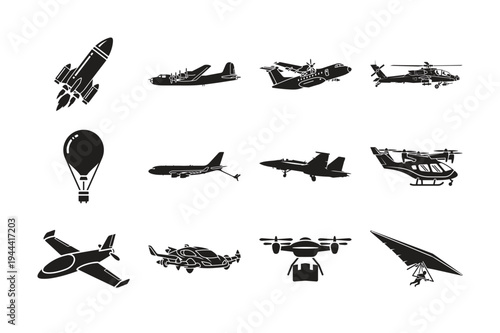 Collection of various black silhouette aircraft and aerial vehicles
