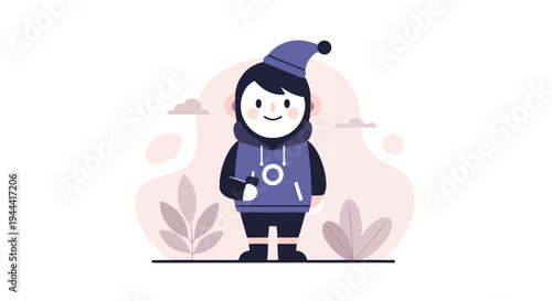 Cartoonish character with hat and hoodie stands with plants and clouds