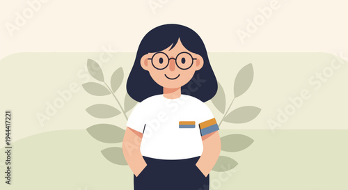 A person wearing glasses and a white t-shirt with an arm band, standing against a botanical background