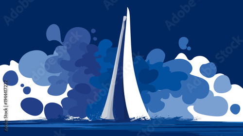 Sailing vessel depicted with simplified shapes, colors, white sails cutting through choppy waters