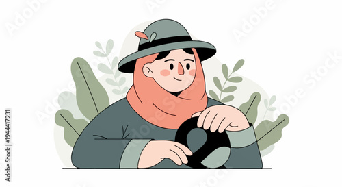 A person in a hat and scarf holds a steering wheel with plant decorations