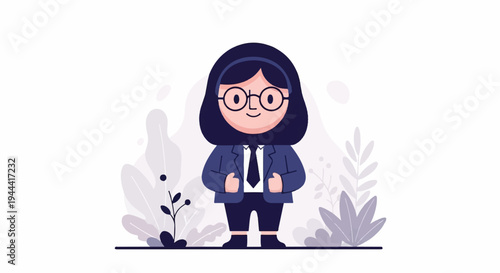 Person in suit, glasses, and hair. Plants surround