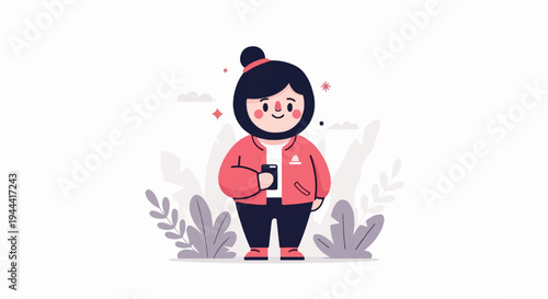 Cheerful cartoon person with dark hair, wearing a red jacket, holding a phone, surrounded by stylized plants