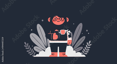 Whimsical character in a dark background with stylized foliage and subtle specks