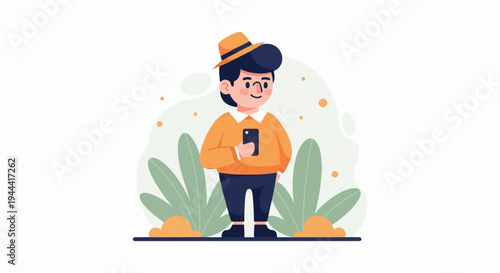 Cheerful person in hat holding smartphone, surrounded by greenery