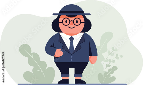 A cartoon person in a hat, glasses, suit, and tie stands amongst plants