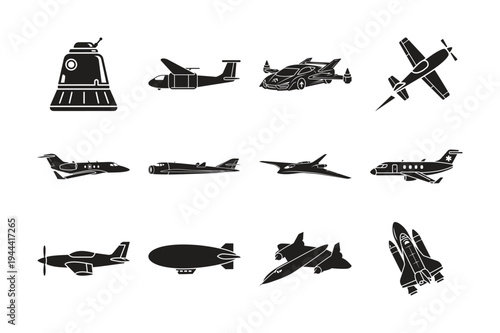 Collection of various black silhouette transportation icons including planes and rockets