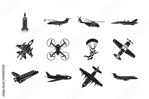 Collection of various black silhouettes depicting different types of aircraft