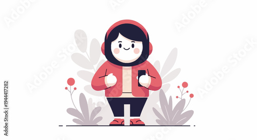 Cute character with headphones and phone, surrounded by abstract plants