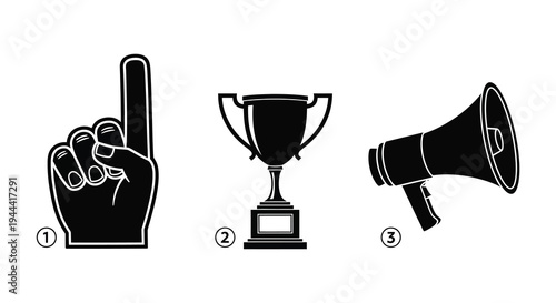 A black and white illustration depicting a pointing finger trophy and megaphone in a striking silhouette high quality professional detailed modern