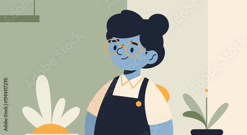 Friendly blue person with glasses and dark overalls, near plants, in a room